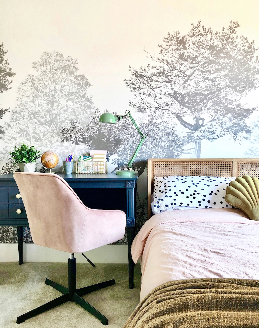 Girl's room with tree mural - design by First Sense Interiors
