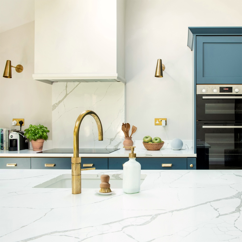 Blue modern shaker kitchen with Quooker tap - design by First Sense Interiors